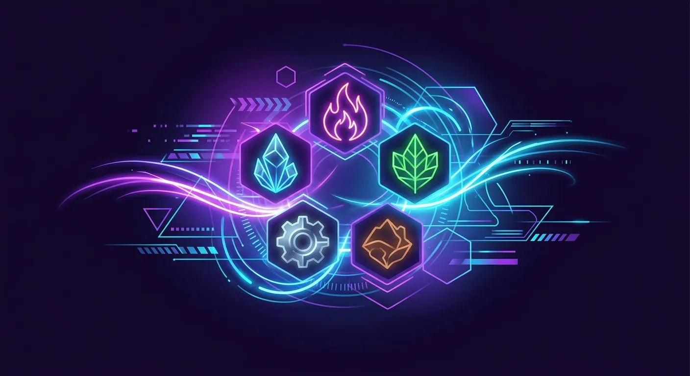 Ilustrasi konsep 5unsur slot bernuansa neon arcade ungu futuristik